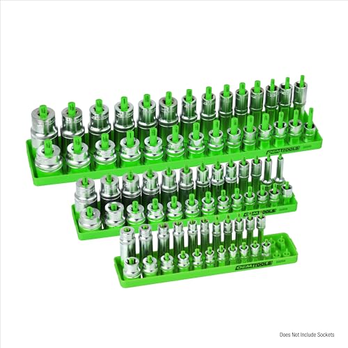 OEMTOOLS 22207 3-Pc Socket Organizer (SAE), Socket Holder Organizes 1/4", 3/8", 1/2" Drive Sockets, Posts are Clearly Labeled, Holds 1/8" to 1-1/4" Sizes | 3 Dual Rail System Socket Holder, Socket Tray with Labeled Posts, Holds 1/8" to 1-1/4", Socket Orga