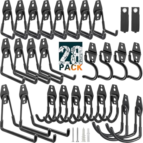 28 Pack Heavy Duty Garage Hooks, Utility Wall Mounted Storage System, with Anti-Slip Coating Hanger, for Hanging Power and Garden Tools, Ladders, Bikes, Ropes and Bulk Items - color: Black 28 pack, size: 28 pack