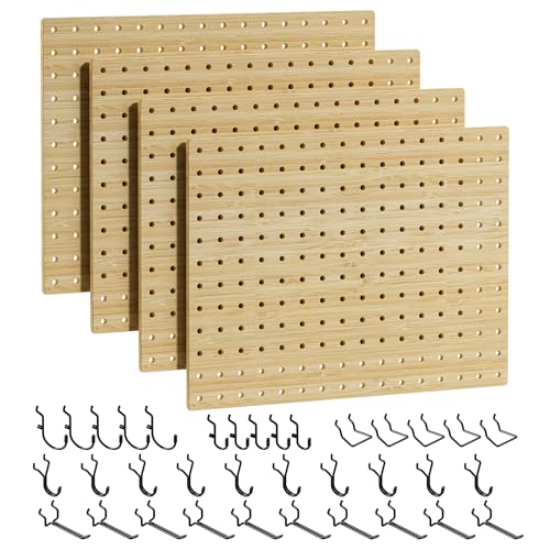 VOIMO Bamboo Pegboard Wall Organizer, 4 Panels, 16 x 12 in, 35 Hooks | Wall-mounted storage for tools, craft supplies, office essentials, kitchen accessories, and small hardware for garage use - size: 16'' X 12'' (4 Panels)