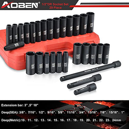AOBEN 1/2-Inch Drive Impact Socket Set, 29 Pieces, 6 Point, SAE/Metric, (3/8" - 1", 10mm - 24mm), Deep, Cr-V Steel, Includes 3", 5", 10" Extension bars - size: 1/2-Inch 29PCS