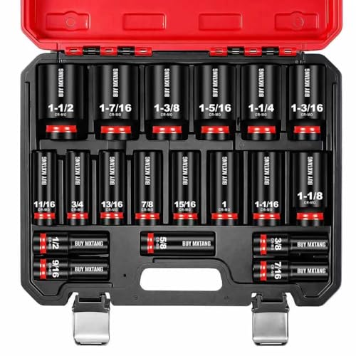 19pcs 1/2" SAE Impact Socket Set, Deep Sockets 3/8"- 1-1/2", 6 Point Cr-MO, 1/2 Inches Drive Impact Socket Set,Storage Case - size: 1/2 19PCS Socket Set SAE