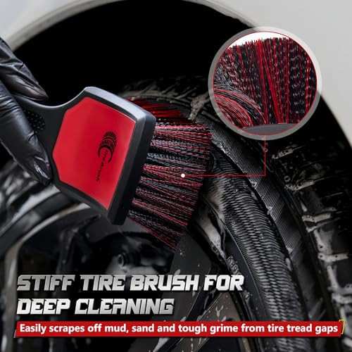 BMLEI Wheel & Tire Brush Set, 2 Pack Car Wheel Brush & Tire Cleaner Brushes | Soft Bristle Rim Brush, Stiff Tire Scrub Brush, Scratch-Free, Wheel Cleaning Kit for Car Detailing, Trucks, SUVs - color: Red&black