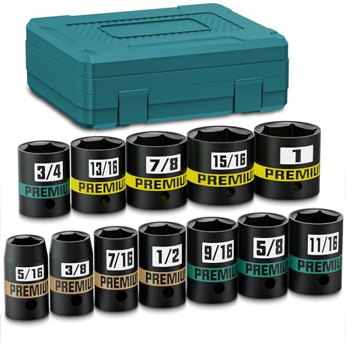 12-Piece 3/8" Drive Shallow Impact Socket Set, 5/16 to 1 inch, Semi-Deep Sockets, CR-V, Socket Set for Automotive and Home, SAE, 6 Point - size: 3/8" SAE Shallow