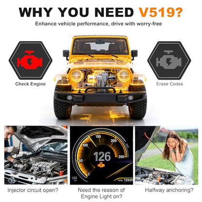 V519 OBD2 Scanner Diagnostic Tool with Reset, Quickly Diagnose Car’s Issue, Vehicle Check Engine Code Reader, I/M Readiness, Car OBDII Scan Tool for 1996 OBD2 Protocol Vehicle