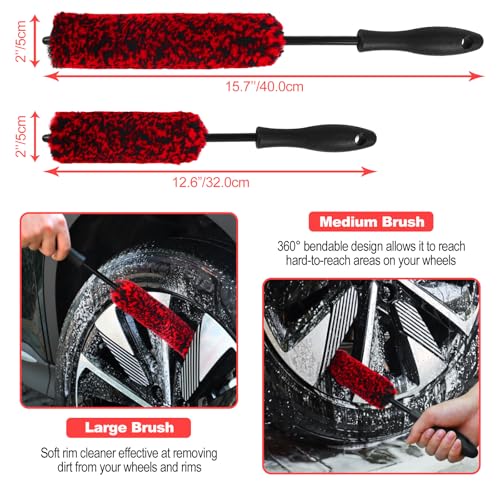 Wheel Brush, Wheel & Rim Cleaner Brush, Tire Brush, Wheel Cleaning Brush, Bendable & Durable Car Wheel Brush Set, Car Detailing Brushes, Wheel Brushes for Cleaning Wheels - color: Red
