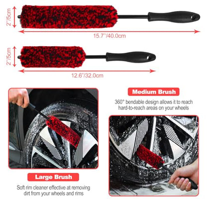 Wheel Brush, Wheel & Rim Cleaner Brush, Tire Brush, Wheel Cleaning Brush, Bendable & Durable Car Wheel Brush Set, Car Detailing Brushes, Wheel Brushes for Cleaning Wheels - color: Red