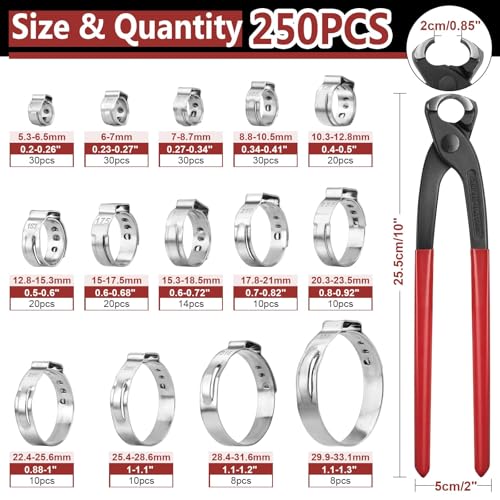 250PCS 14 Sizes Single Ear Hose Clamp, 5.3-33.1mm 304 Stainless Steel Ear Clamp Kit with Ear Clamp Pincer, Stepless Hose Clamps Cinch Rings for Automotive, Home Appliance Line and Plumbing - size: 5.3-33.1 mm, style: 250PCS 14SIZE