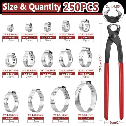 250PCS 14 Sizes Single Ear Hose Clamp, 5.3-33.1mm 304 Stainless Steel Ear Clamp Kit with Ear Clamp Pincer, Stepless Hose Clamps Cinch Rings for Automotive, Home Appliance Line and Plumbing - size: 5.3-33.1 mm, style: 250PCS 14SIZE