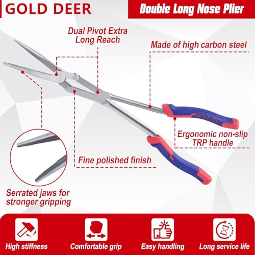 13Inch Extra Long Needle Nose Pliers Straight Dual Material Long Reach Pliers with Serrated Jaw Double-joint Long Nose Pliers for Hard to Reach Narrow Spaces - style: Long Nose