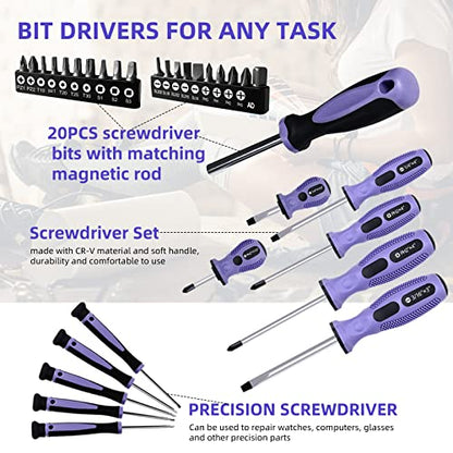 ACOSEA Purple Tool Set,223-Piece Tool Sets for Women,Tool Kit with 13-Inch Wide Mouth Open Purple Tool Bag,The Basic Tool Set is Perfect for Home Maintenance (PURPLE)
