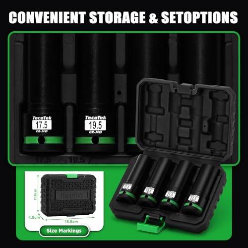 TecoTek 4PCS 1/2" Drive 1/2 Size Thin Wall Lug Nut Socket Set, Half Size Wheel Socket, 17.5mm, 19.5mm, 21.5mm, and 22.5mm, CR-MO, for Damaged, Swollen and Stuck Lug Nuts