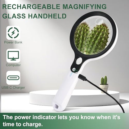 Magnifying Glass with 48 LED Light, 10X 20X 45X Handheld Illuminated Lighted Magnifier with 5 Light Modes Rechargeable Magnifying Glass for Seniors Reading Inspection (Black & White) - color: White Handle