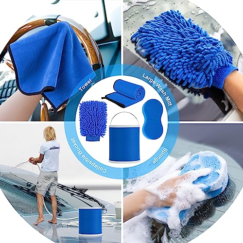 12Pcs Boat Wash Cleaning Kit with Collapsible Bucket Wash Sponge Mitt Microfiber Towel Squeegee Scrub Pads Brushes Complete Interior Exterior Cleaning Set for Boat