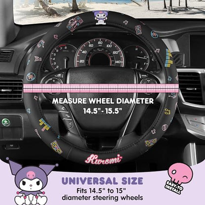 Sanrio Kuromi Car Trunk Organizer & Steering Wheel Cover Set – Cute, Non-Slip, Soft Grip Car Accessories for Women – Collapsible Storage Bin for Groceries, Tools & Travel – 12.5"L x 12.5"W x 9"H - style: Set Kuromi