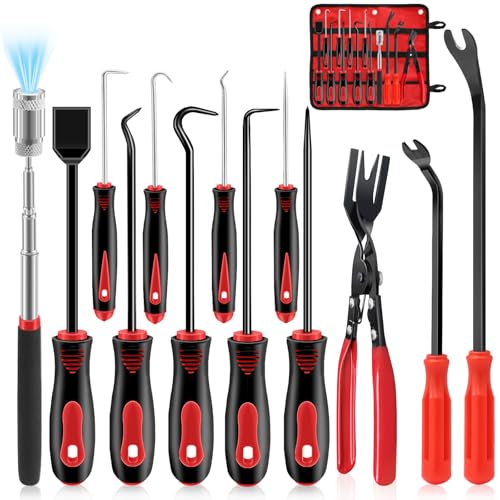 13 Pcs Precision Pick and Hook Tool Set with Clip Removal Plier Rivets Puller Fastener Remover Telescoping Magnetic Pickup Gasket Scraper for Electronics Maintenance Pick Tools Automotive Repair - color: red