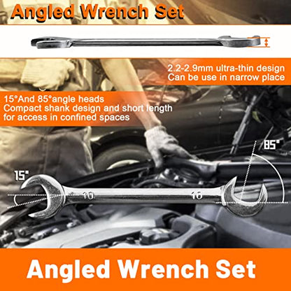 SPEEDWOX Mini Double Open End Wrench Set, 10-Piece Metric & SAE, Super-Thin Angled Heads, Made of Premium Carbon Steel, Includes Storage Pouch | Metric SAE, Super-Thin Angle Head, Open End Spanner Wrench, Storage Pouch Ignition Wrench Set Angle Wrench Car