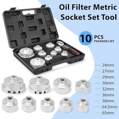 Oil Filter Socket Set, 10PCS Oil Filter Wrench Set 24mm,27mm,29mm,30mm,32mm,36mm,38mm,64mm. Filter Removal Tool for Toyota,BMW, Mercedes, VW