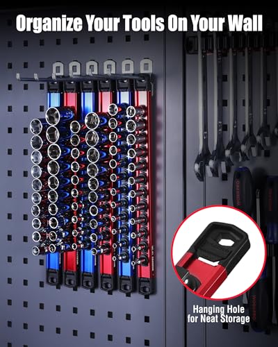 WORKPRO 8-Piece Magnetic Socket and Screwdriver Organizer Set | 6-Piece 1/4", 3/8" & 1/2" Drive Metric & SAE Socket Rails, 2-Piece Screwdriver and Wrench Holders - size: 6pc Socket Rail & 2pc Screwdriver Rail