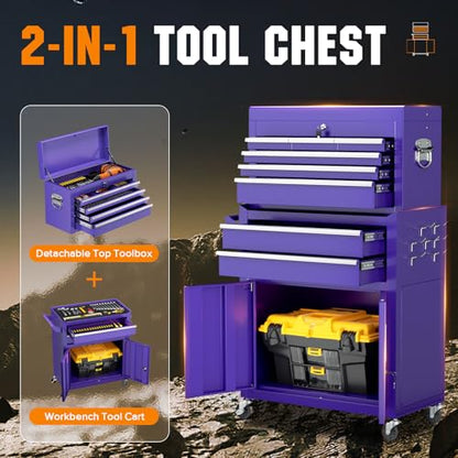 Oakcloud Lockable 8-Drawer Rolling Tool Chest & Cabinet Combo with Black Liner – Heavy-Duty Steel Garage Tool Box on Wheels – Detachable Top Toolbox & Bottom Storage Cart with Side Hooks, Purple - color: Purple, size: 8-Drawer