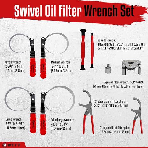 WETT Swivel Oil Filter Wrench Set, 9-Piece Standard Oil Filter Removal Tool, with Adjustable Oil Filter Plier and Valve Lapper, Stainless Steel Remover Pliers (2-3/4" to 5-1/4") - size: 9-Piece Oil Filter Wrench Set