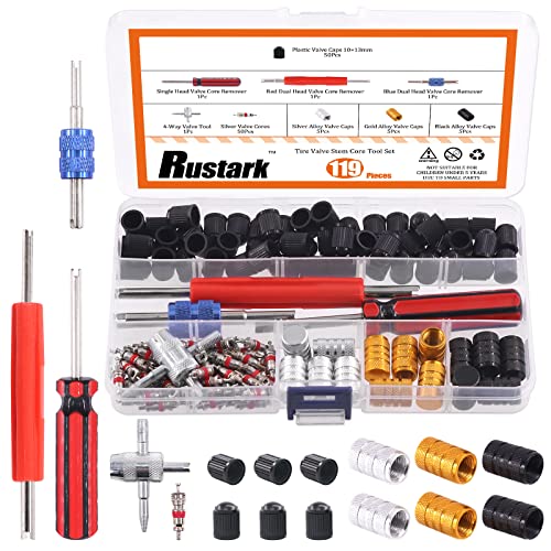119Pcs Valve Core Remover Tools with Aluminum Tire Valve Stem Caps, Valve Core, Dual Single Head Valve Core Remover and 4-Way Valve Tool Kit for Automotive Truck Motorcycle Bicycle