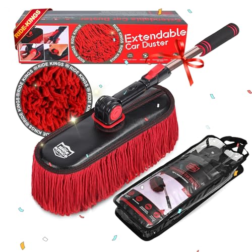 Car Duster Exterior, Loop End, 2 Pcs, Bright Red | Telescopic pole. Treated sweep traps pollen without water. Auto scratch-free care for truck, RV. - color: Bright Red