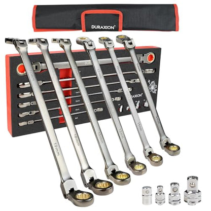 Extra Long Flex Head Ratcheting Wrench Set 6PCS Metric (8-19mm), Double Box End Wrench Set 180° Flexible Head CR-V Steel for Tight Engine Bays, with 4PCS Socket Wrench Adapters & Pouch