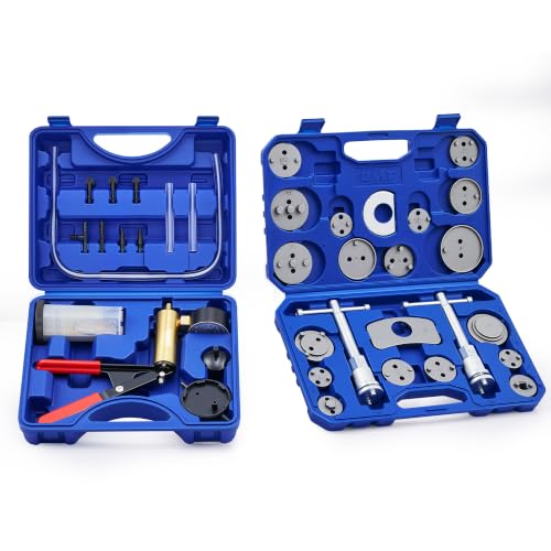 OMT 2-in-1 Brake Caliper Compression Tool and Vacuum Pump Bleeder Kit | 18 Adapters; Vacuum Bleeder & Compressor; Brake Service; Corrosion-Resistant Build; Auto Technicians - color: Blue