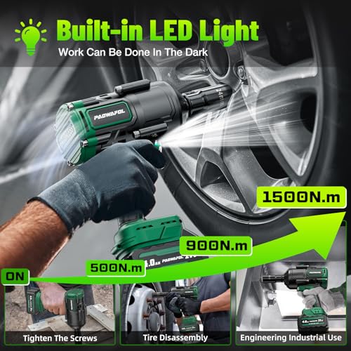 2026 New Upgrade 1106ft-lbs(1500N.m) Impact Wrench, High Torque 1/2 Impact Gun with 21V 2x4.0AH Battery, Fast Charger & 5 Sockets, 3500IPM Brushless Impact Driver for Home Car Truck Tires - color: Green