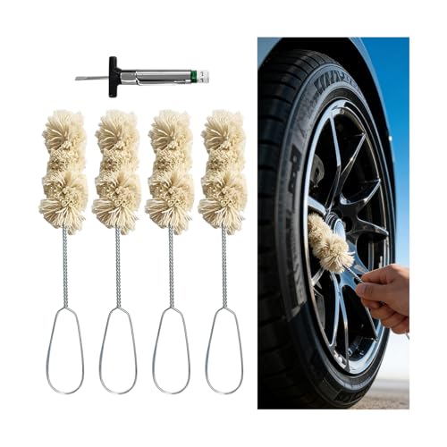 HZEL Car Tire Lubricant Brush Applicator Swab, 4PCS 11.81 Inch Extra Long Handle Vehicle Wheel Lubricant Applicator with 1PC Tread Depth Gauge, Automotive Tire Lube Brush, Universal Fit