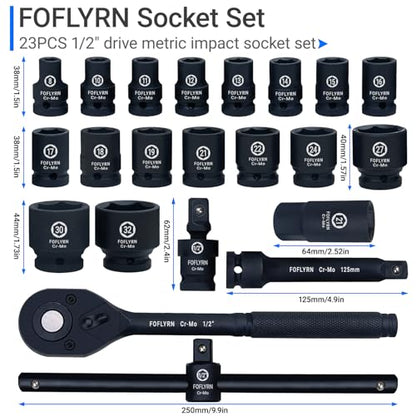 1/2" Drive Impact Socket Set,6-Point Metric Socket Set (8-32mm),23PCS Cr-Mo Material High Durability Deep Socket Set with Ratchet Wrench,Sliding T Bar,Universal Joint,Extension Bar and Storage Case. - style: 1/2" 23PCS Metric Cr-Mo