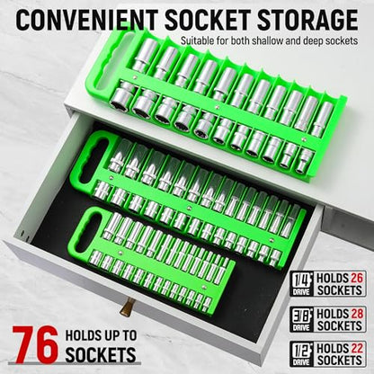 Reniteco Magnetic Socket Organizer Set, 3 Pcs Blue Portable Heavy Duty Socket Rail Set: 1/4-Inch x 22 Pallets, 3/8-Inch x 28 Pallets, 1/2-Inch x 26 Pallets, Hold 76 Sockets - Fit Shallow&Deep Sockets - color: Green