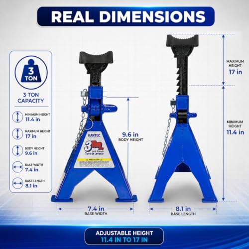 Hantec Jack Stands 3 Ton (6,600 lbs) Pro – Double Safety System, Non-Slip Rubber Pad, Heavy-Duty Steel, 1 Pair for Cars, SUVs and Trucks - Blue
