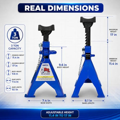 Hantec Jack Stands 3 Ton (6,600 lbs) Pro – Double Safety System, Non-Slip Rubber Pad, Heavy-Duty Steel, 1 Pair for Cars, SUVs and Trucks - Blue