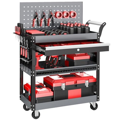 AIRAJ 3 Tier Rolling Tool Cart On Wheels, Mechanic Tool Cart,Industrial Utility Cart with Drawers & Pegboard,440 LBS Heavy Duty Tool Storage Work Cart for Garage, Workshop, Factory and Repair Shop