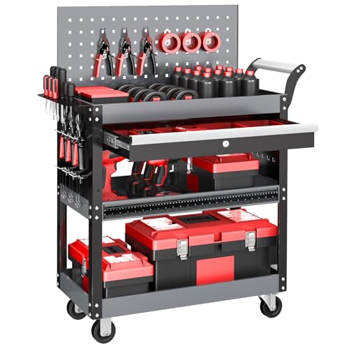 AIRAJ 3 Tier Rolling Tool Cart On Wheels, Mechanic Tool Cart,Industrial Utility Cart with Drawers & Pegboard,440 LBS Heavy Duty Tool Storage Work Cart for Garage, Workshop, Factory and Repair Shop