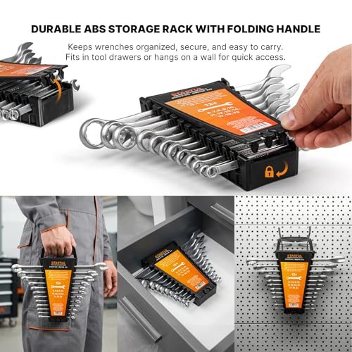 12-Piece Metric Combination Wrench Set with Storage Rack, 6–22 mm Wrenches Set, Chrome Vanadium Steel with Satin Finish Combination Wrenches, 12 Point Open End Wrench Set for Automotive, DIY
