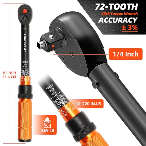PRIDE&CRAFT 32Pcs Torque Wrench Set, 1/4 Inch Drive, 10-220 IN.LB Inch Pound Click Torque Wrench with Bit Sockets, 3/8 Adapter,Accuracy: ±3% Adjustable Torque Wrench for Bike, Motorcycle, Car