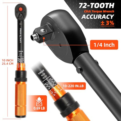 PRIDE&CRAFT 32Pcs Torque Wrench Set, 1/4 Inch Drive, 10-220 IN.LB Inch Pound Click Torque Wrench with Bit Sockets, 3/8 Adapter,Accuracy: ±3% Adjustable Torque Wrench for Bike, Motorcycle, Car