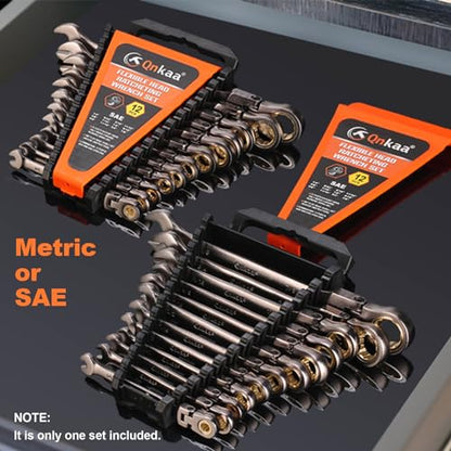 Qnkaa Qnkaa12pcs Flexible Ratchet Wrenches Set SAE 1/4” to 7/8“ | Standard Spanners Gear Ring Ratcheting Combination Flex-Head Wrenches Kit with Portable Organizer Rack - style: SAE 12pcs