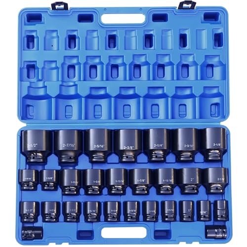 MacWork 29 Pieces Impact Socket Set, 3/4-Inch Drive, Standard, SAE 3/4 inch to 2-1/2 inch, CR-V Alloy Steel, 6-Point Sockets with a Storage Case