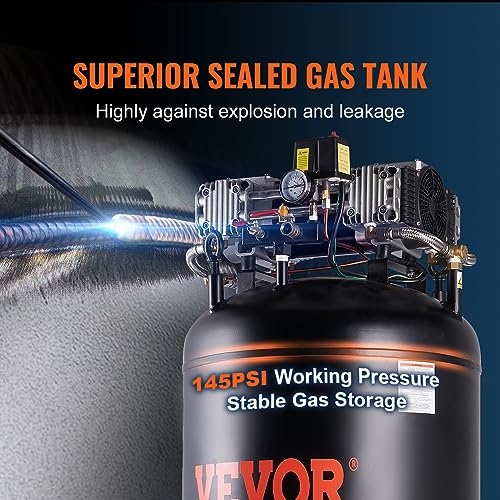 VEVOR 80 Gallons Air Compressor, 6.5HP 15.5SCFM@90 PSI Oil-Free Air Compressor Tank with 145PSI Max Pressure, 86dB Quiet Air Tank for Industrial Manufacturing, Air Brushing, Spraying (3-Phase Power) - size: 80 Gallon | 3-Phase Power