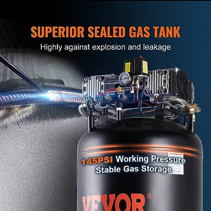 VEVOR 80 Gallons Air Compressor, 6.5HP 15.5SCFM@90 PSI Oil-Free Air Compressor Tank with 145PSI Max Pressure, 86dB Quiet Air Tank for Industrial Manufacturing, Air Brushing, Spraying (3-Phase Power) - size: 80 Gallon | 3-Phase Power