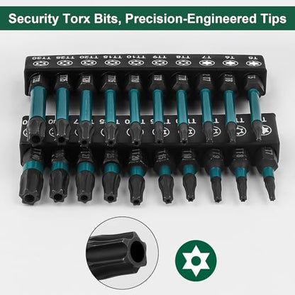 20pcs Impact Security Torx Set, S2 Steel Star Driver Kit (25mm T7-T40 & 65mm T5-T30), Mixed Solid & Tamper-Proof CNC Tips for Automotive, Electronics & DIY Repairs - size: 20 Pieces