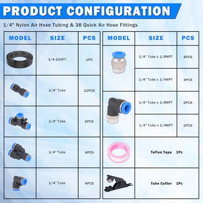 100FT 1/4" DOT Air Line with 40 Pcs Quick Connect Air Fittings Kit 1/4 DOT Air Lines with Push Lock Air Line Fittings Pneumatic Push to Connect Air Hose Fittings - size: 41 PCS-100FT 1/4