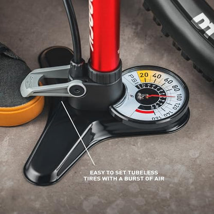 FEEDBACK SPORTS Pneuma CC Compact Charger Floor Pump for Tubeless Tires | Hidden air tank seats tubeless tires with a burst of air; oversized gauge, stable base and accessory storage included
