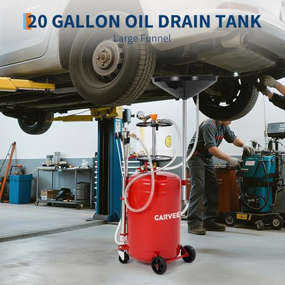 Garvee 20 Gallon Waste Oil Drain Tank, Air Operated Portable Oil Drainer with Adjustable Funnel, Fluid Fuel Transfer Drainage with Wheels, Oil Change Container for Automotive Workshops - size: 20 Gallon - Measuring Cup - Red