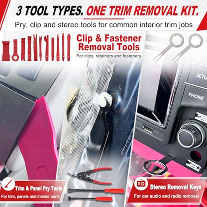 19Pcs Trim Removal Tool Kit, Premium Car Panel Plastic Pry Set with Clip Pliers and Fastener Remover, Door Panel Dashboard Audio Radio Upholstery Molding