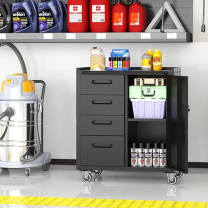 Metal Storage Cabinet for Garage, Tool Cabinet, Utility Cabinet | Wheeled, Rolling Tool Cabinet, 4 Drawers, 1 Door Lockable, Top Countertop, Assembly Required, Black - color: Black