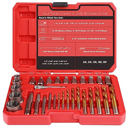 35 Pcs Spiral Screw Bolt Extractor Set Left Handed Drill Bit | 6542/4341 HSS Easy Out for Removing Broken Stripped Screws Nuts with Solid Storage Case - size: 35Pcs
